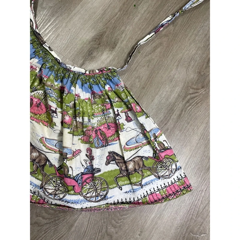 Vintage 1950s Half Apron Scenic Horse Carriage Print Pink Green 17x17